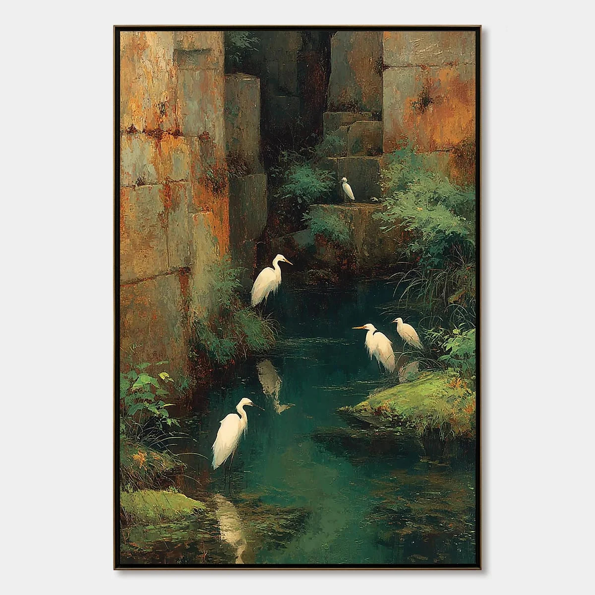 THE FORGOTTEN OASIS: Vertical Egret Painting of Birds in a Serene Natural Sanctuary | hanging in living room, Figurative wall art