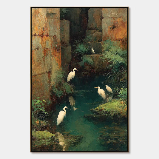 THE FORGOTTEN OASIS: Vertical Egret Painting of Birds in a Serene Natural Sanctuary | hanging in living room, Figurative wall art