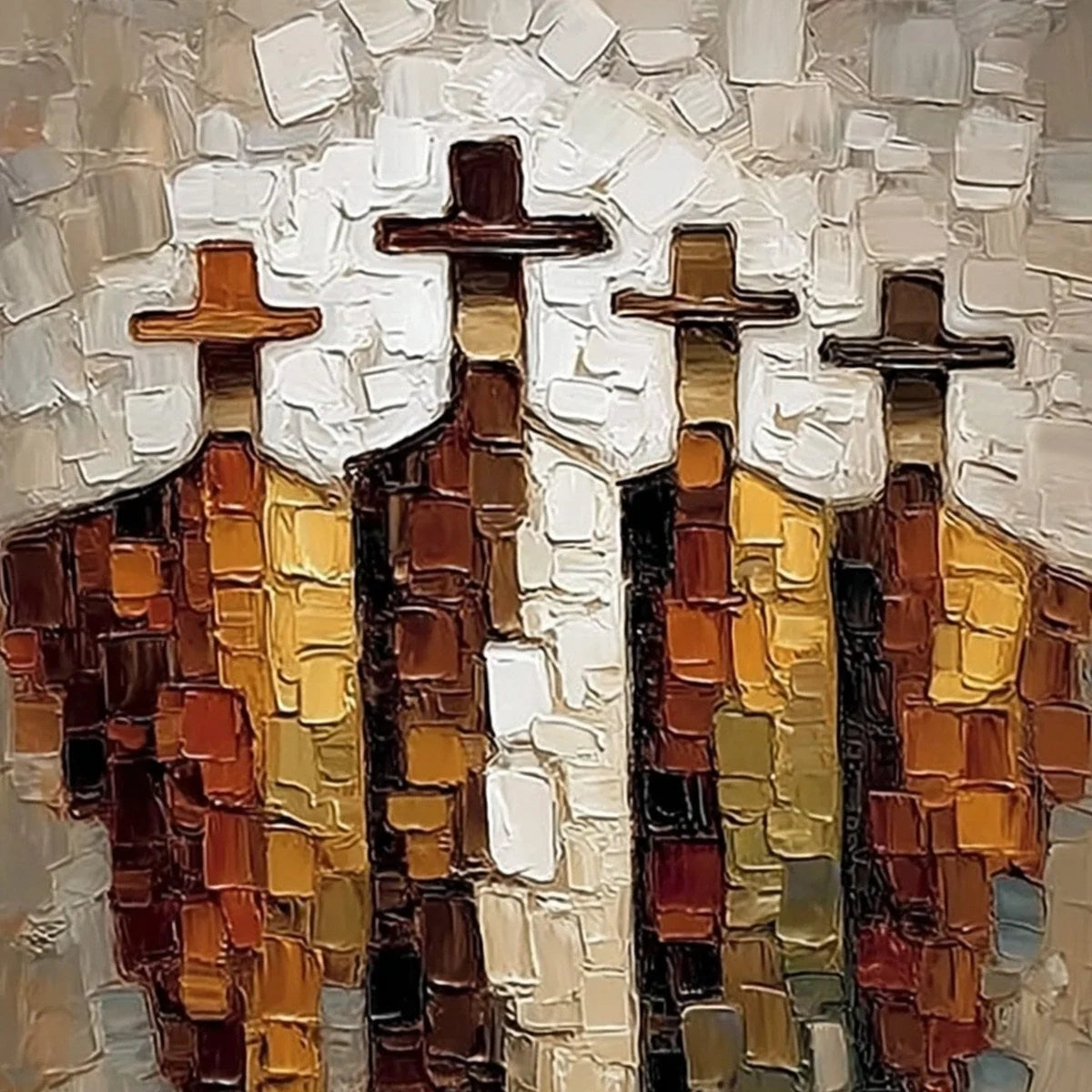 THE FOUR JOURNEYMEN: Abstract Figurative Impasto Palette Knife Painting | rectangular format, hand-painted canvas edge