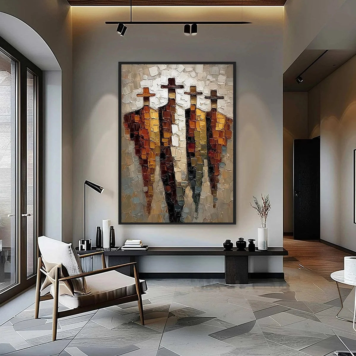 THE FOUR JOURNEYMEN: Abstract Figurative Impasto Palette Knife Painting | gold frame stretched on neutral wall
