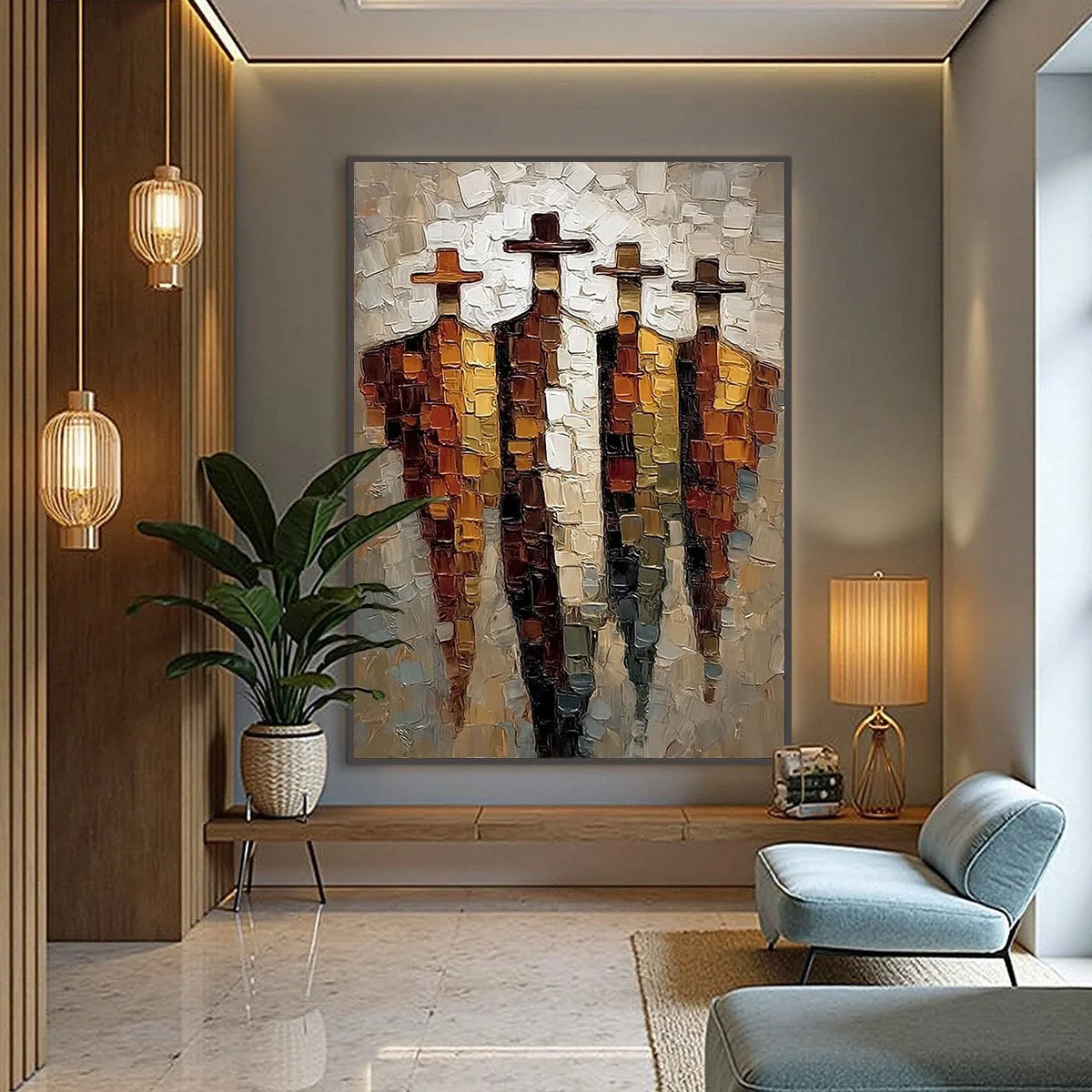 THE FOUR JOURNEYMEN: Abstract Figurative Impasto Palette Knife Painting | black frame version on white wall