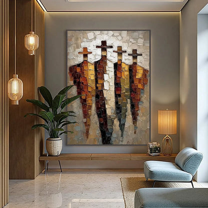 THE FOUR JOURNEYMEN: Abstract Figurative Impasto Palette Knife Painting | black frame version on white wall