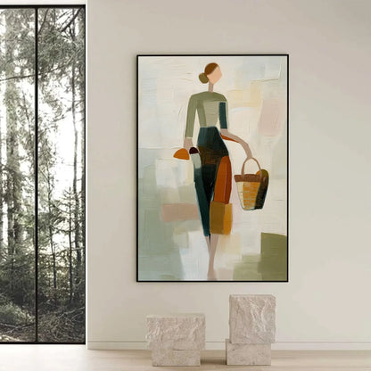 THE GATHERER: Textured Abstract Figurative Painting of a Woman | black frame version on white wall