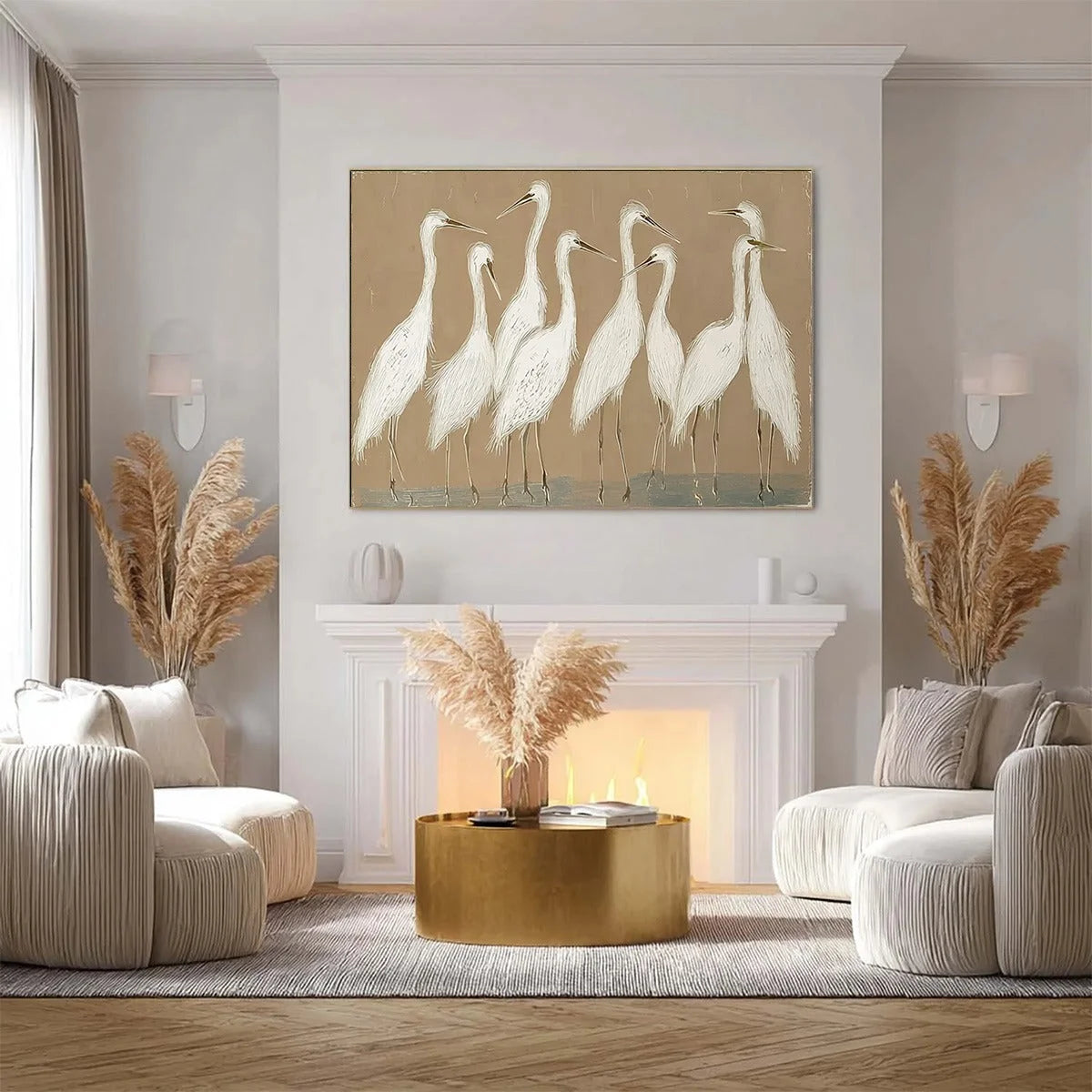 The Gathering: Beige Wabi Sabi Egret Flock Oil Painting on Canvas | Figurative closeup, raised brushwork detail