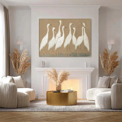 The Gathering: Beige Wabi Sabi Egret Flock Oil Painting on Canvas | Figurative closeup, raised brushwork detail