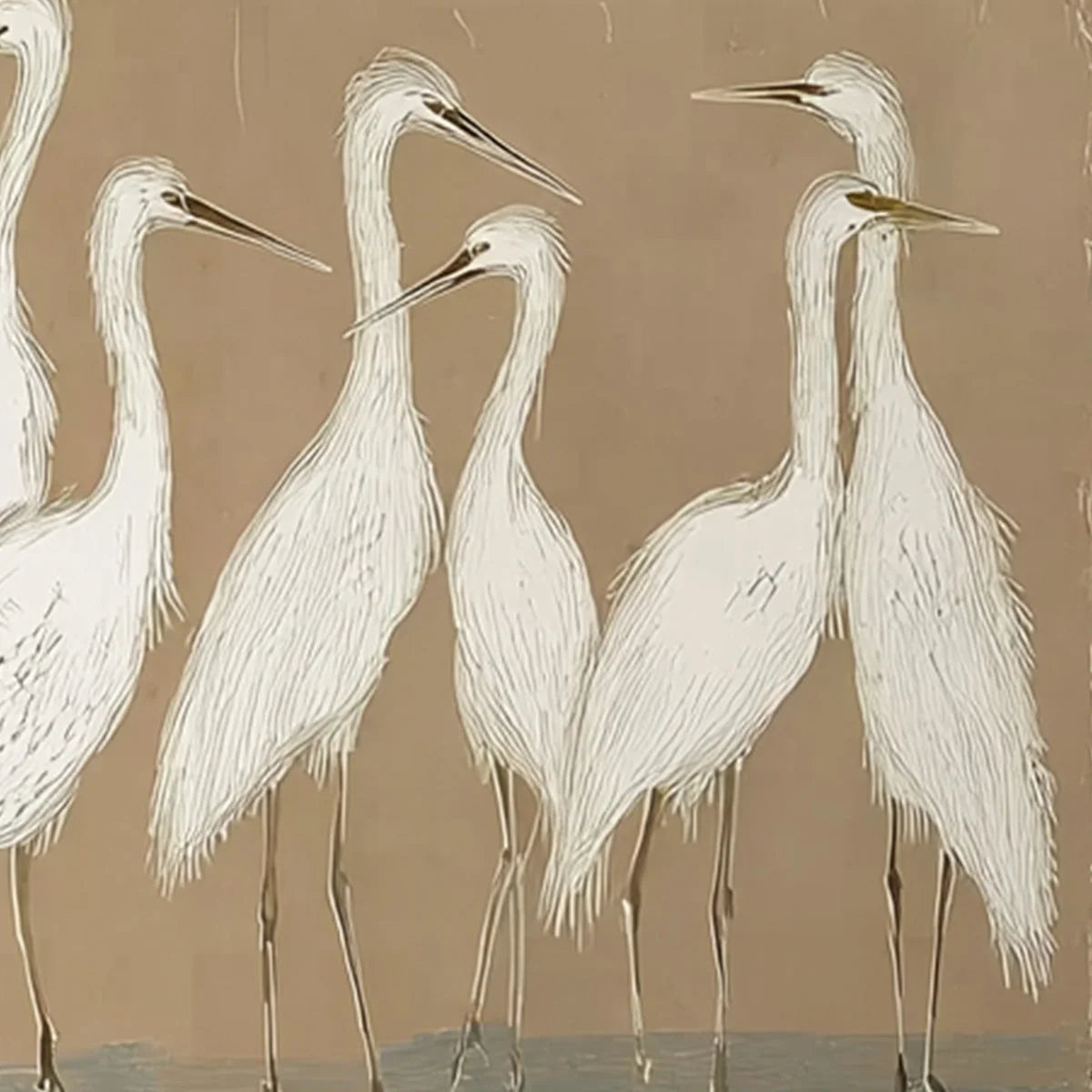 The Gathering: Beige Wabi Sabi Egret Flock Oil Painting on Canvas | rectangular format, hand-painted canvas edge
