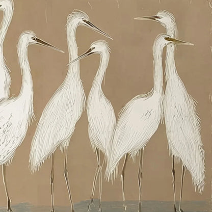 The Gathering: Beige Wabi Sabi Egret Flock Oil Painting on Canvas | rectangular format, hand-painted canvas edge