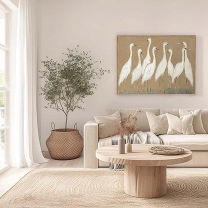 The Gathering: Beige Wabi Sabi Egret Flock Oil Painting on Canvas | gold frame stretched on neutral wall