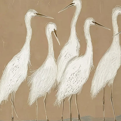 The Gathering: Beige Wabi Sabi Egret Flock Oil Painting on Canvas | rolled canvas, ready for custom framing