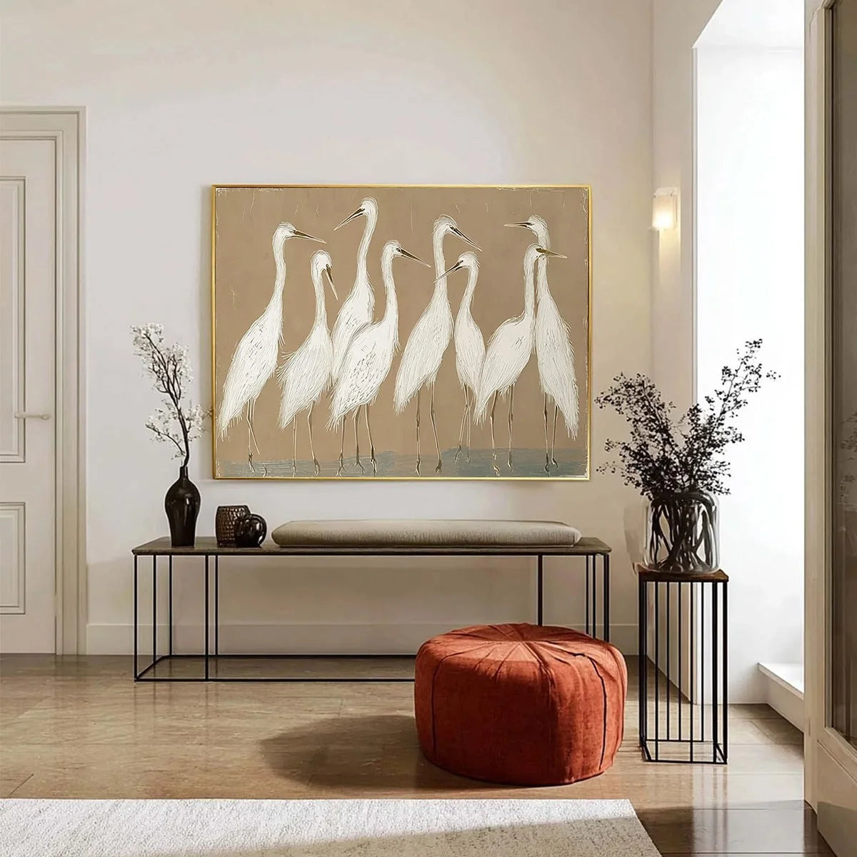 The Gathering: Beige Wabi Sabi Egret Flock Oil Painting on Canvas | black frame version on white wall