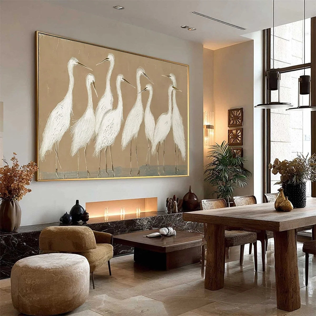 The Gathering: Beige Wabi Sabi Egret Flock Oil Painting on Canvas | beige palette, original oil on stretched canvas art