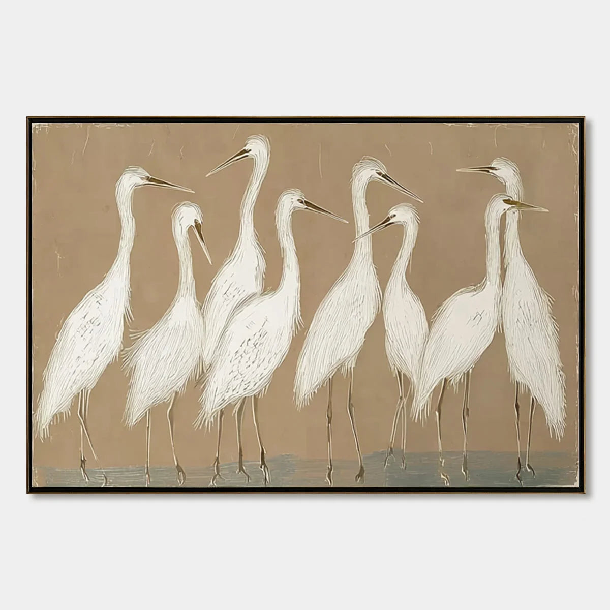 The Gathering: Beige Wabi Sabi Egret Flock Oil Painting on Canvas | hanging in living room, Figurative wall art
