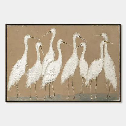 The Gathering: Beige Wabi Sabi Egret Flock Oil Painting on Canvas | hanging in living room, Figurative wall art