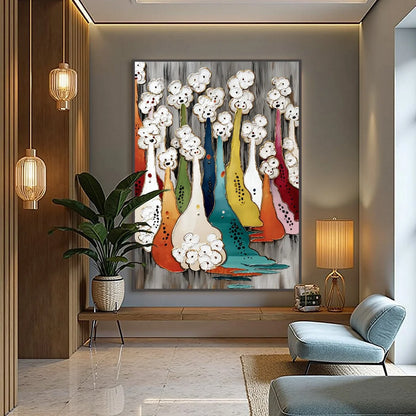 THE GATHERING: Colorful Textured Abstract Figurative Painting | gold frame stretched on neutral wall