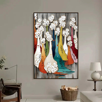 THE GATHERING: Colorful Textured Abstract Figurative Painting | black frame version on white wall