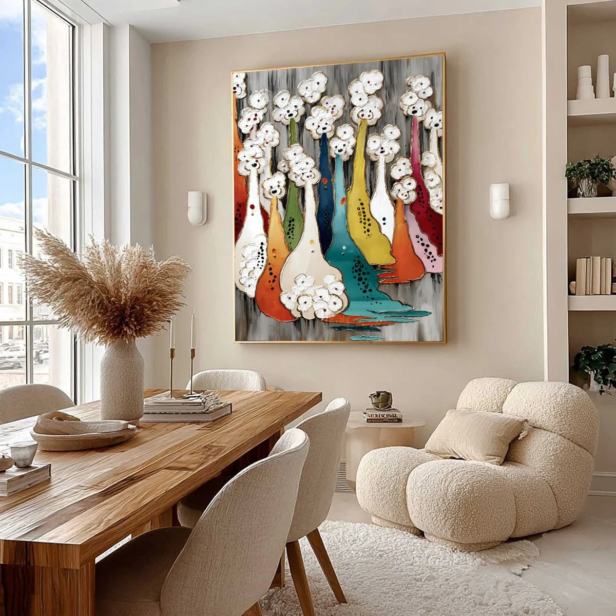 THE GATHERING: Colorful Textured Abstract Figurative Painting | Figurative mood, soft natural light studio shot