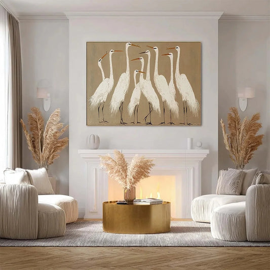 THE GATHERING: Elegant White Egret Flock Animal Oil Painting