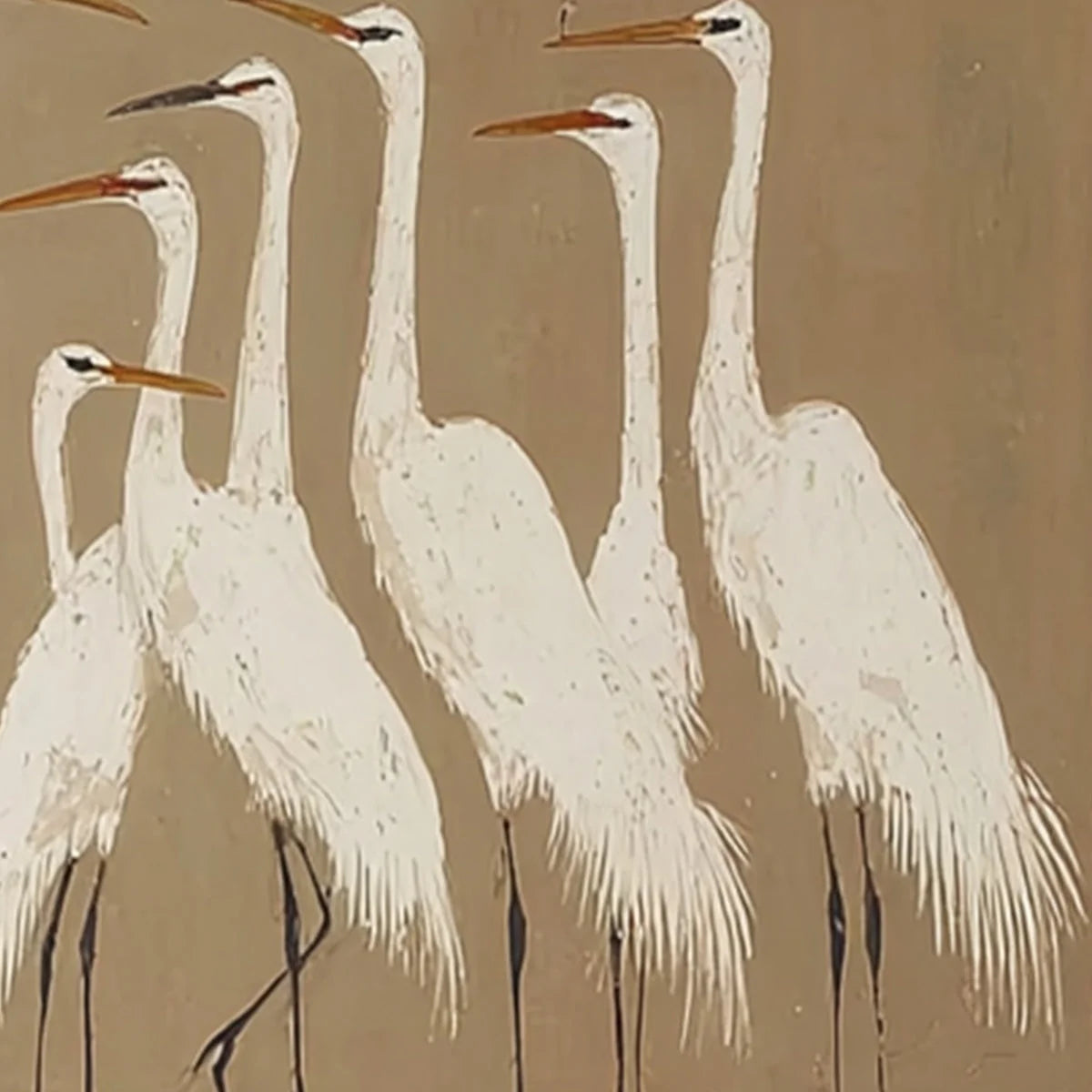 THE GATHERING: Elegant White Egret Flock Animal Oil Painting | rectangular format, hand-painted canvas edge