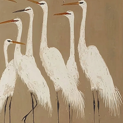 THE GATHERING: Elegant White Egret Flock Animal Oil Painting | rectangular format, hand-painted canvas edge