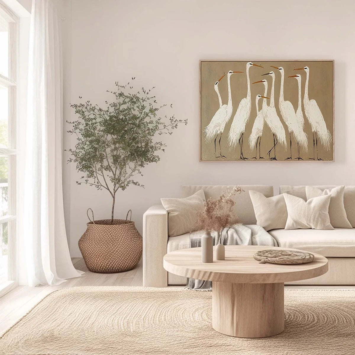 THE GATHERING: Elegant White Egret Flock Animal Oil Painting | gold frame stretched on neutral wall