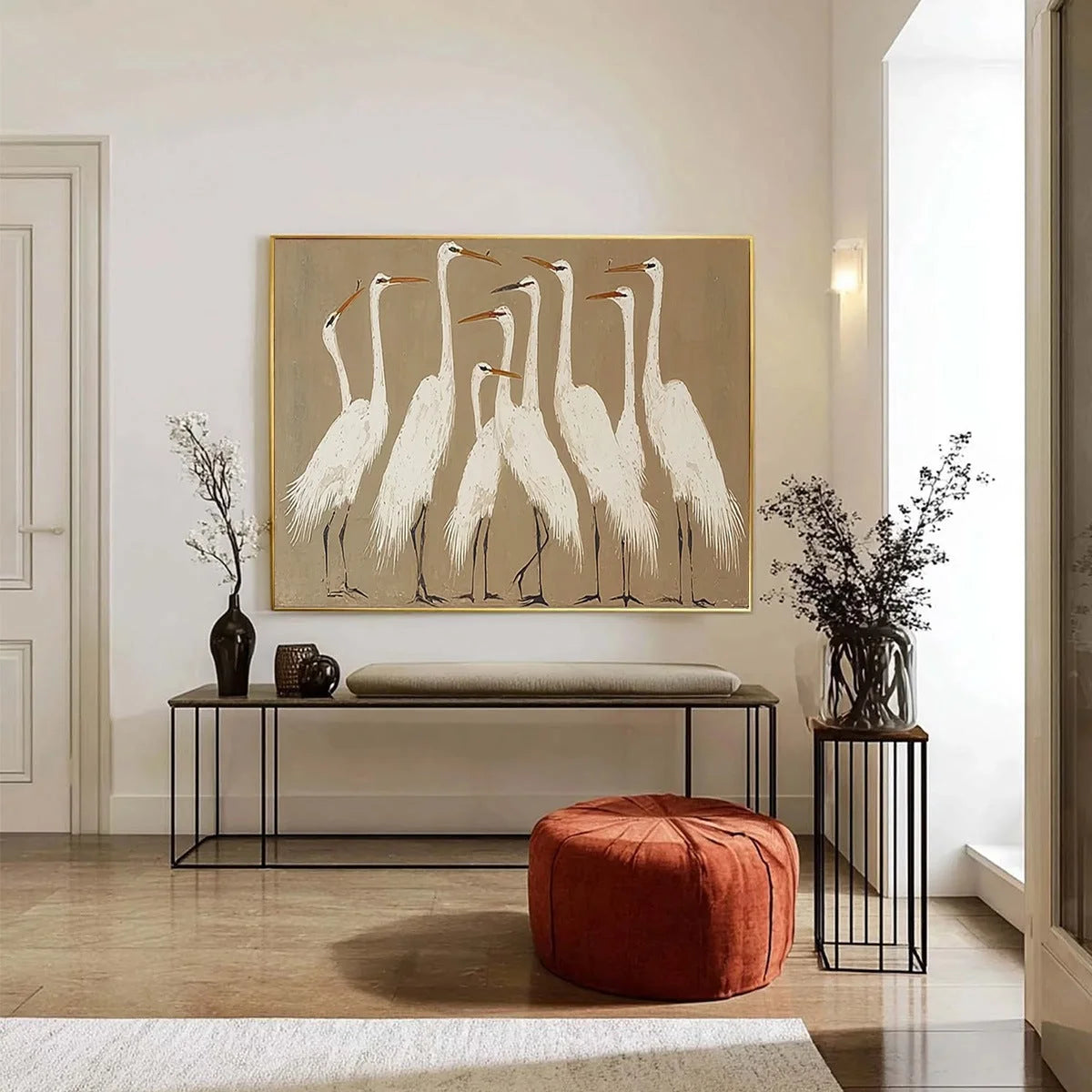 THE GATHERING: Elegant White Egret Flock Animal Oil Painting | black frame version on white wall