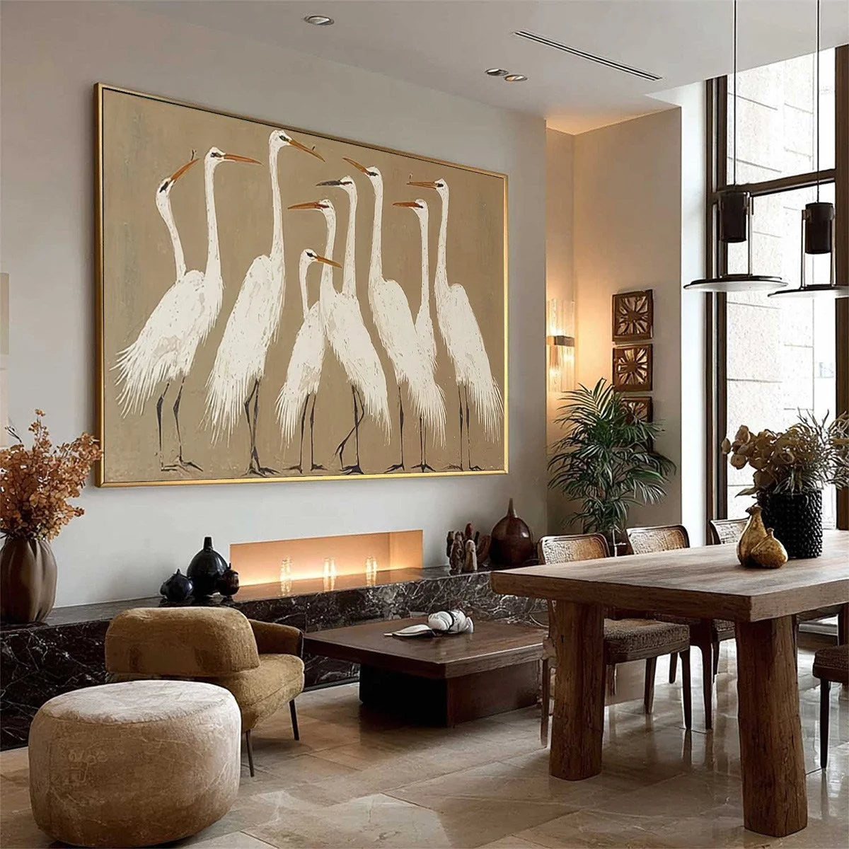 THE GATHERING: Elegant White Egret Flock Animal Oil Painting | multi-color palette, original oil on stretched canvas art