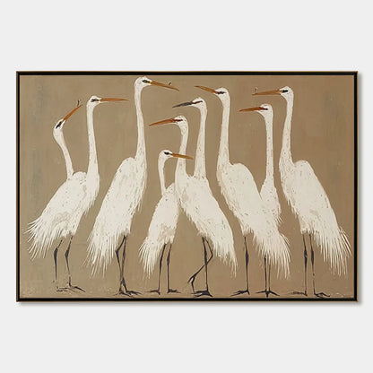 THE GATHERING: Elegant White Egret Flock Animal Oil Painting | hanging in living room, Figurative wall art