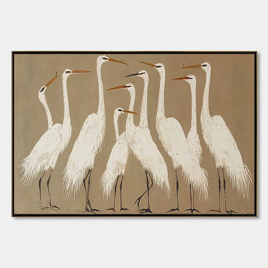 THE GATHERING: Elegant White Egret Flock Animal Oil Painting | hanging in living room, Figurative wall art