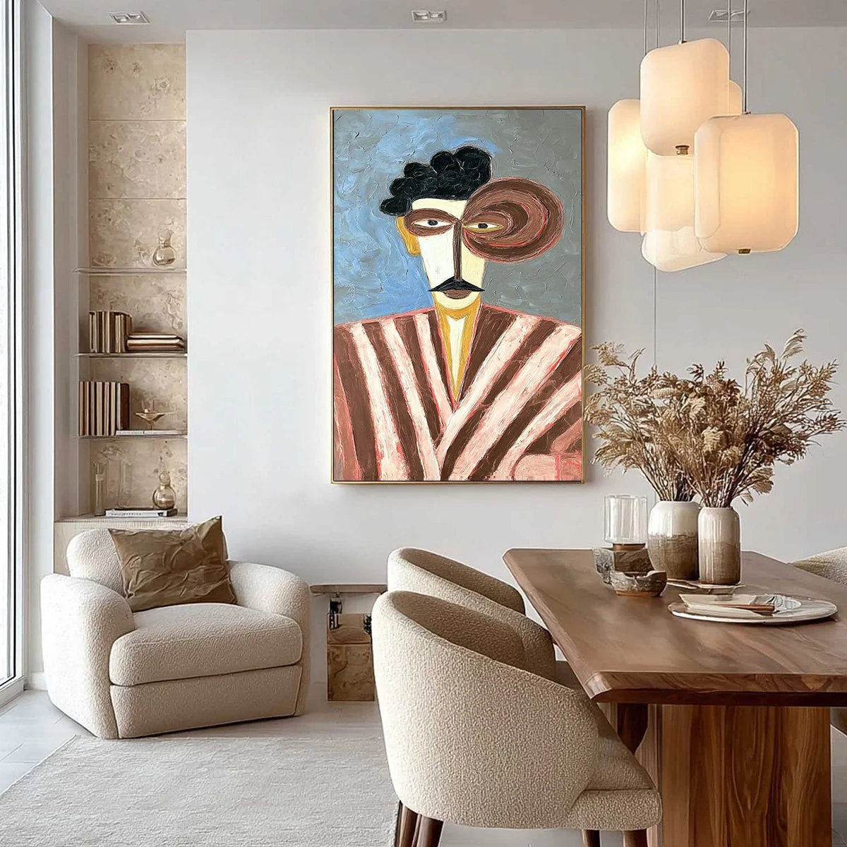 THE GENTLEMAN: Expressive Abstract Portrait Oil Painting for Modern Decor | gold frame stretched on neutral wall