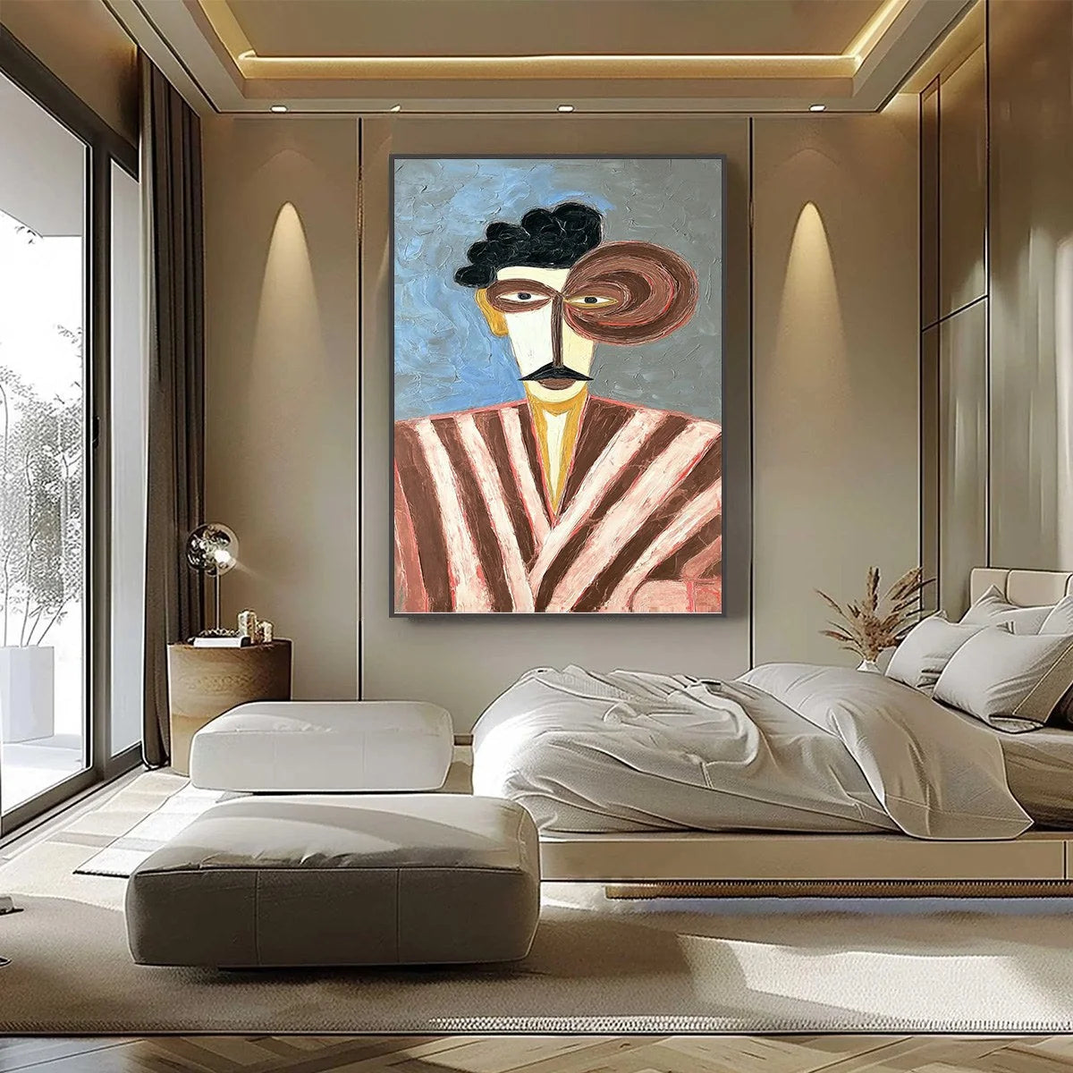 THE GENTLEMAN: Expressive Abstract Portrait Oil Painting for Modern Decor | black frame version on white wall