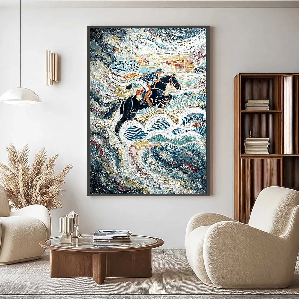 THE GRAND LEAP: Textured Equestrian Sports Painting with Dynamic Motion | Abstract closeup, raised brushwork detail