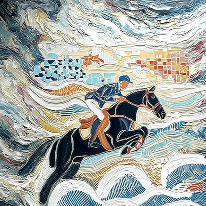 THE GRAND LEAP: Textured Equestrian Sports Painting with Dynamic Motion | rectangular format, hand-painted canvas edge