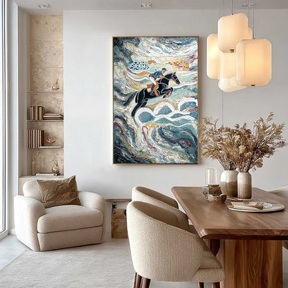 THE GRAND LEAP: Textured Equestrian Sports Painting with Dynamic Motion | gold frame stretched on neutral wall