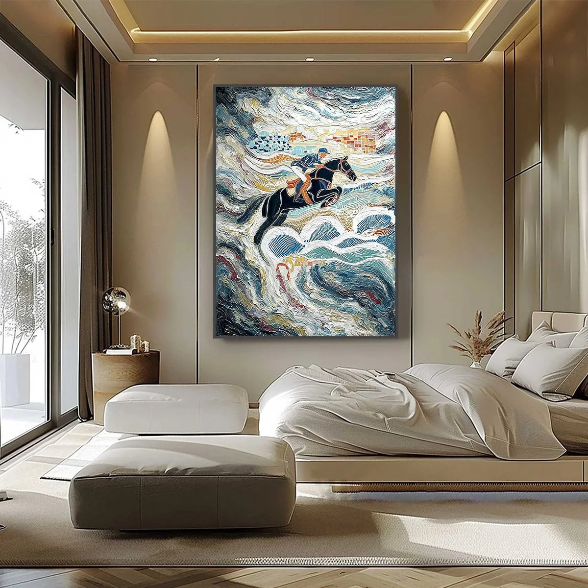 THE GRAND LEAP: Textured Equestrian Sports Painting with Dynamic Motion | black frame version on white wall