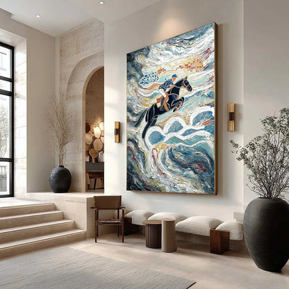 THE GRAND LEAP: Textured Equestrian Sports Painting with Dynamic Motion | Abstract mood, soft natural light studio shot