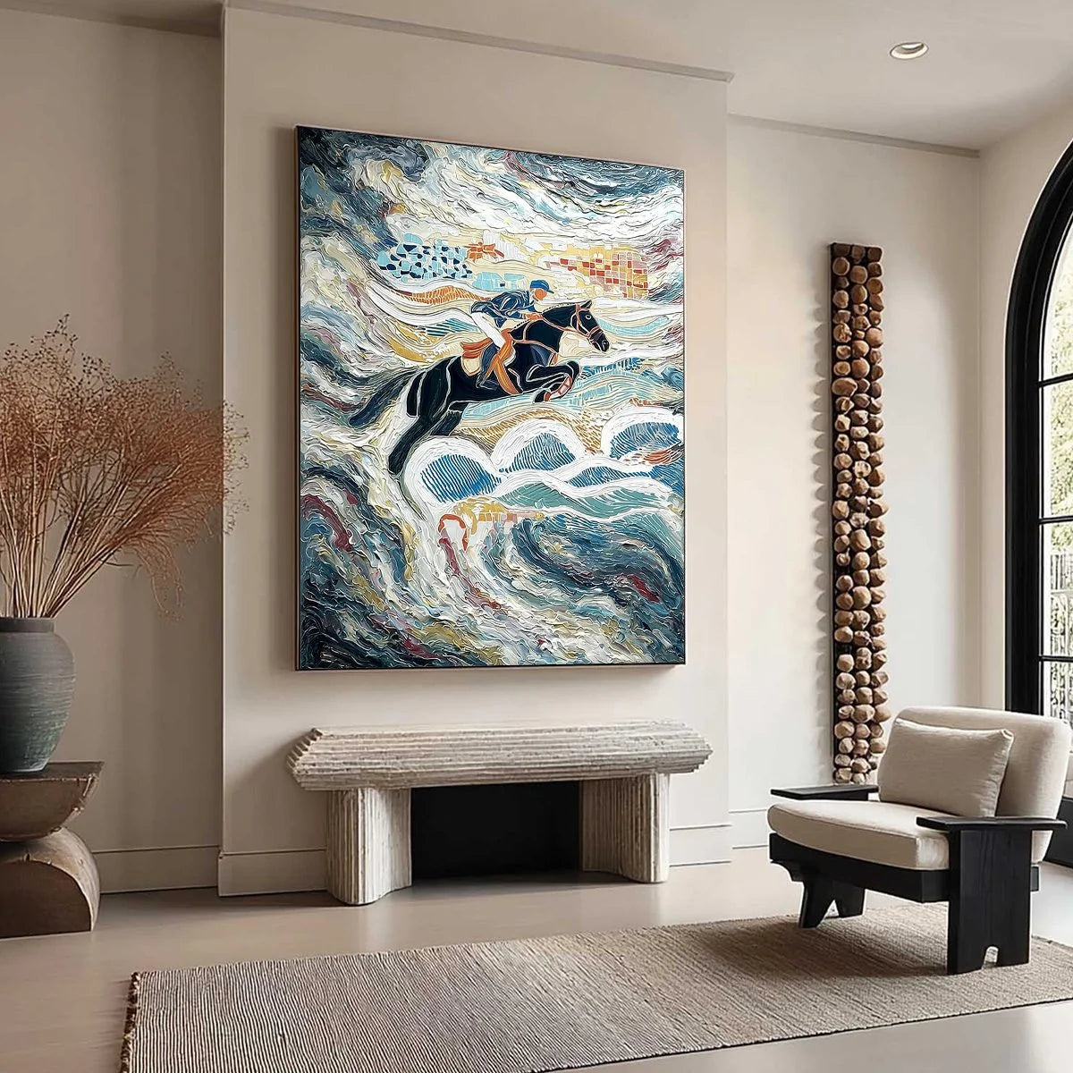 THE GRAND LEAP: Textured Equestrian Sports Painting with Dynamic Motion | multi-color palette, original oil on stretched canvas art
