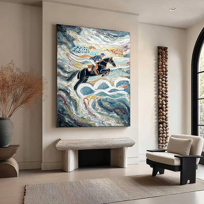 THE GRAND LEAP: Textured Equestrian Sports Painting with Dynamic Motion | multi-color palette, original oil on stretched canvas art
