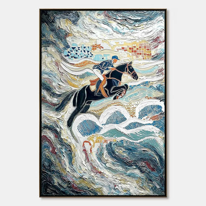 THE GRAND LEAP: Textured Equestrian Sports Painting with Dynamic Motion | hanging in living room, Abstract wall art