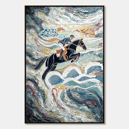 THE GRAND LEAP: Textured Equestrian Sports Painting with Dynamic Motion | hanging in living room, Abstract wall art