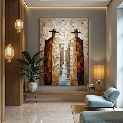 THE JOURNEYMEN: Textured Figurative Impasto Painting | gold frame stretched on neutral wall