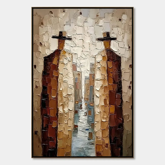 THE JOURNEYMEN: Textured Figurative Impasto Painting | hanging in living room, Figurative wall art