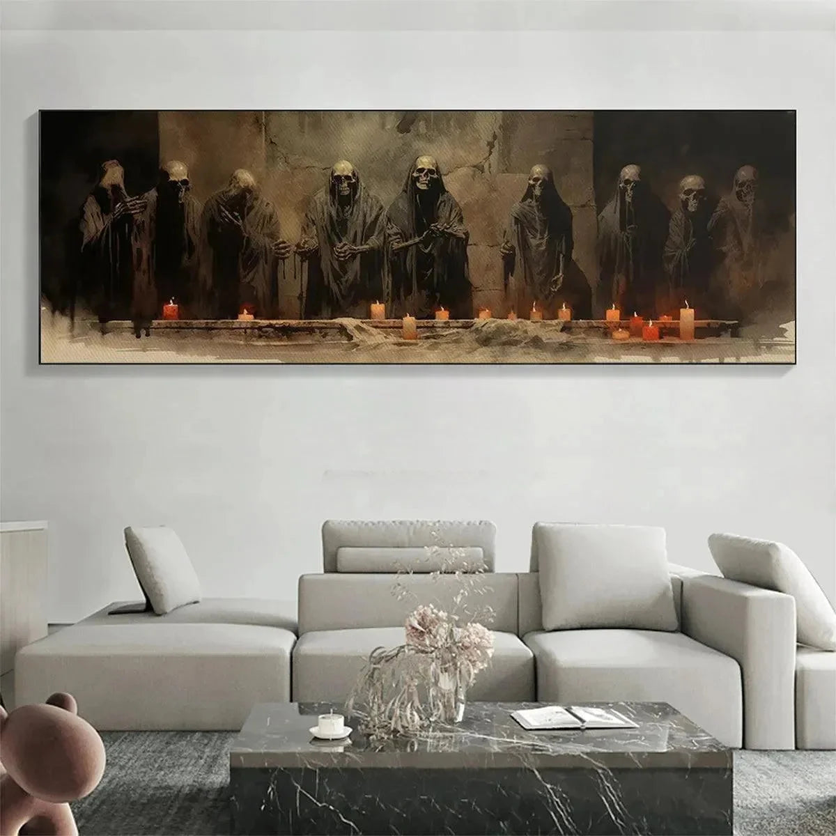 THE LAST SUPPER: Dark Art, Gothic Decor, Panoramic Wall Art | gold frame stretched on neutral wall