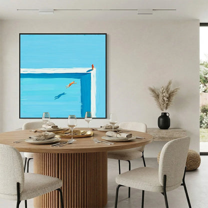 THE LEAP: Minimalist Art of a Summer Pool Dive | gold frame stretched on neutral wall