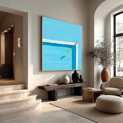 THE LEAP: Minimalist Art of a Summer Pool Dive | multi-color palette, original oil on stretched canvas art