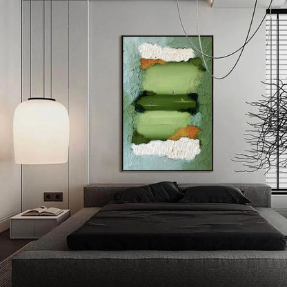 THE LONG RUN: Textured Abstract Green Landscape Painting with Runners | gold frame stretched on neutral wall