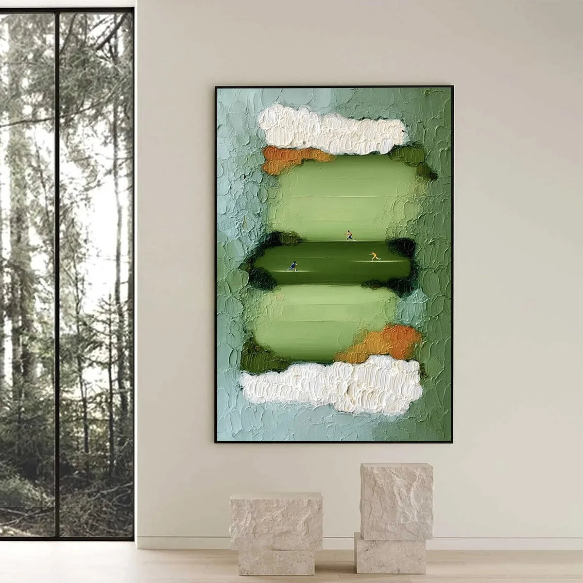 THE LONG RUN: Textured Abstract Green Landscape Painting with Runners | black frame version on white wall
