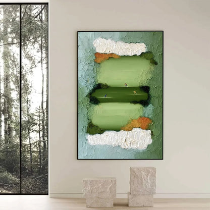 THE LONG RUN: Textured Abstract Green Landscape Painting with Runners | black frame version on white wall