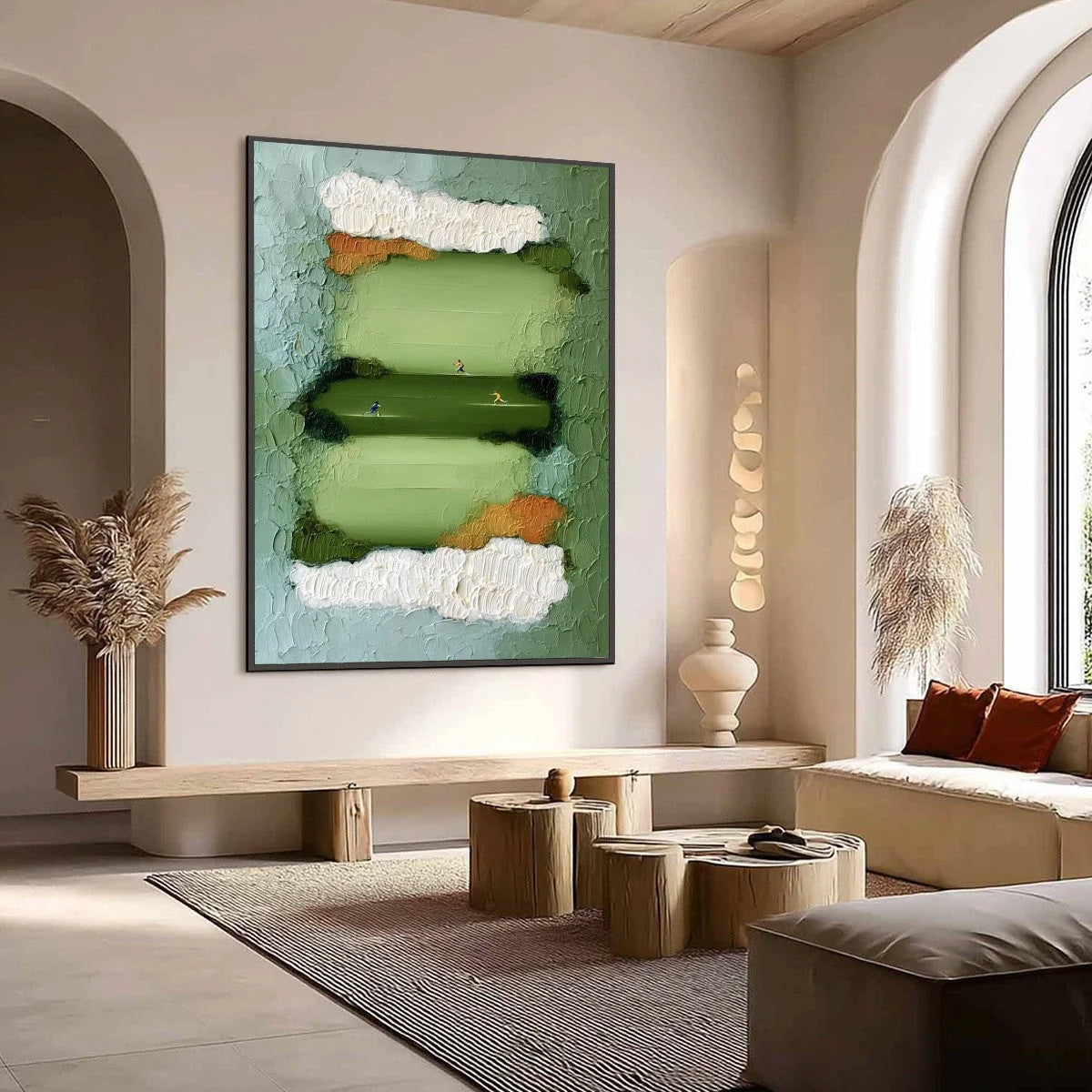 THE LONG RUN: Textured Abstract Green Landscape Painting with Runners | Abstract mood, soft natural light studio shot