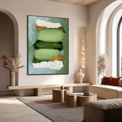 THE LONG RUN: Textured Abstract Green Landscape Painting with Runners | Abstract mood, soft natural light studio shot