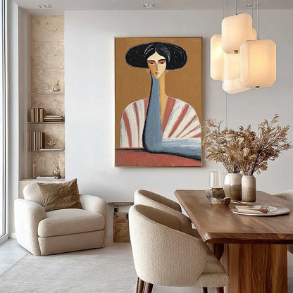 THE MUSE: Textured Figurative Portrait Oil Painting for Modern Decor | gold frame stretched on neutral wall